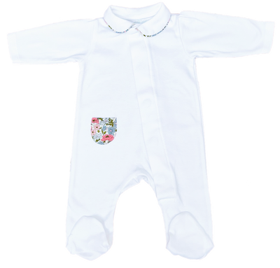 White Cotton Onesie with Blue & Pink Liberty Floral Pocket