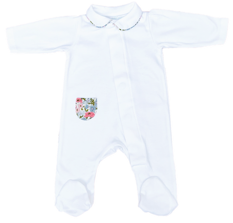 White Cotton Onesie with Blue & Pink Liberty Floral Pocket