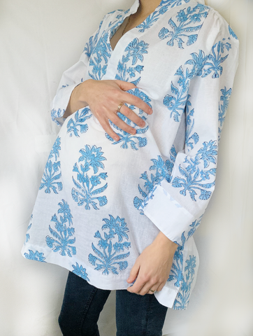 Indian Block Print Alice Shirt in Fresh Blue