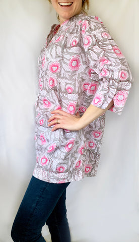 Indian Block Print Alice Shirt in Pink and Grey