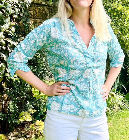 Turquoise Block Print Alice Shirt