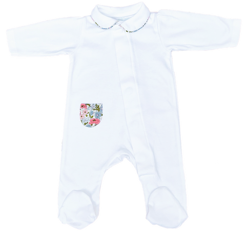 NEW White Cotton Onesie with Blue & Pink Liberty Floral Pocket